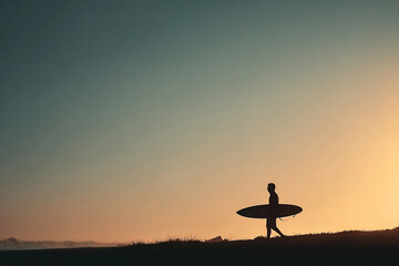 Silhouette of a surfer holding a surfboard against a pastel-colored sunset sky