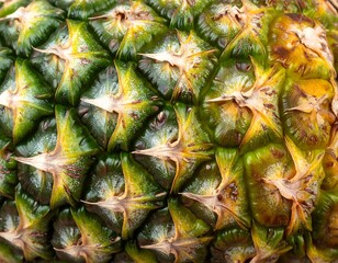 Close-up view of a pineapple skin, highlighting the intricate pattern of its tough, spiky exterior.  The vibrant greens and yellows create a visually appealing texture.