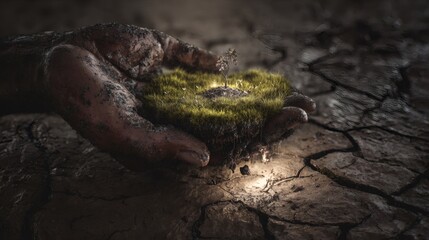 Abstract green textures blending with nature, evoking an environmental and serene mood.