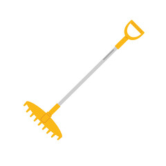 Gardening tool with yellow handle and metal rake head for yard work and landscaping tasks