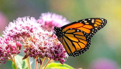 A monarch butterfly rests gracefully on a cluster of delicate, vibrant pink flowers, showcasing its intricate orange and black wings against a soft, out-of-focus background.
