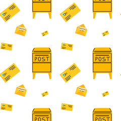 Bright yellow post box and envelopes scattered in a playful pattern on a white background