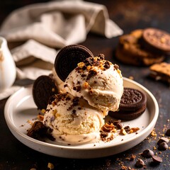 Creamy vanilla ice cream topped with cookies and nuts