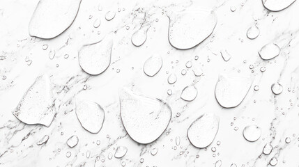 A smooth white marble background with fresh water droplets.