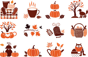Autumn themed illustrations and icons fall season 
