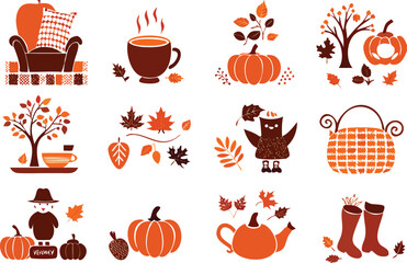 Autumn themed illustrations and icons fall season 
