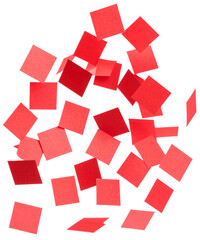 flying square red confetti papers isolated on white background
