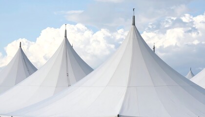 Several large, white event tents stand tall against a partly cloudy sky.