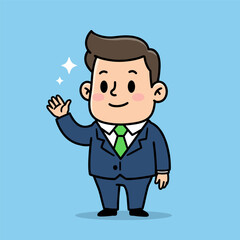 Smiling cartoon character in dark blue suit, green tie, waving with sparkles on light blue background.