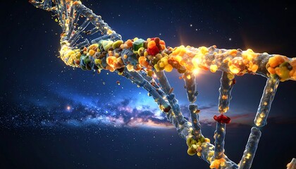 DNA helix with colorful food particles in space