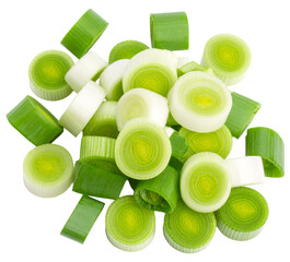 pile of leek chopping slices isolated on white background