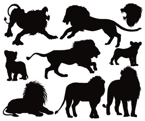 Roaring Lion head logo icon, lion face vector Illustration. A Powerful Royal king sketch. Dangerous animal in natural conditions. Baby lion and cubs vector silhouette. Lion rest pose.