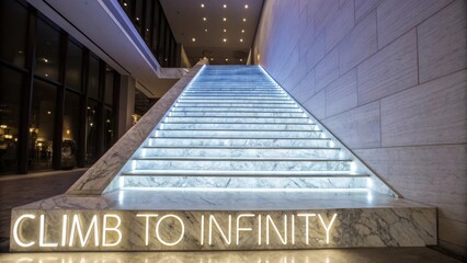 Elegant marble staircase with glowing lights and motivational phrase inviting viewers to aspire to limitless possibilities