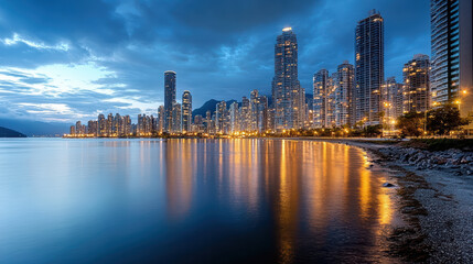 Obraz premium Stunning city skyline reflecting water dusk, showcasing vibrant lights and serene atmosphere