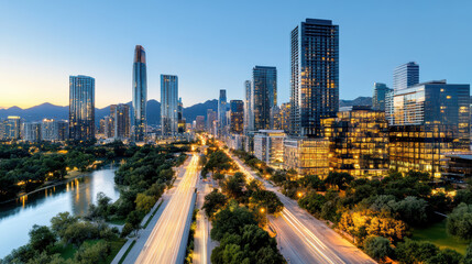 Fototapeta premium City skyline dusk with illuminated buildings and river, showcasing urban life and architecture