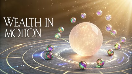 Ethereal Sphere Surrounded by Vibrant Orbs Representing Financial Growth and Prosperity in a Dynamic Universe