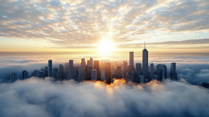 Golden sunrise over city skyline emerging from fog, creating serene atmosphere