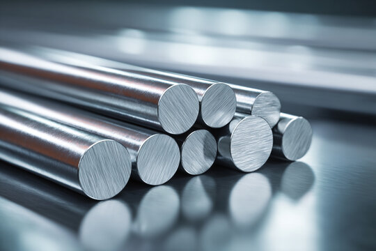 Shiny metallic steel rods stacked in a professional arrangement, perfect for construction, engineering, and industrial design projects requiring durable materials