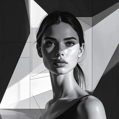 Female with Geometric line art in 8K resolution, sharp black and white contrast