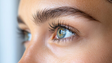 Close up of beautiful eyes with long eyelashes, showcasing relaxed expression and vibrant colors
