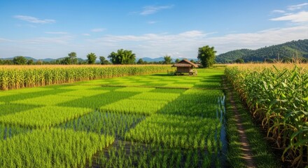 Obraz premium Serene Rice Fields and Cornfields Under a Bright Sky in Rural Southeast Asia