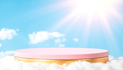 A whimsical pink and gold container rests gracefully atop fluffy white clouds, creating a dreamy, ethereal scene that evokes a sense of wonder and tranquility.