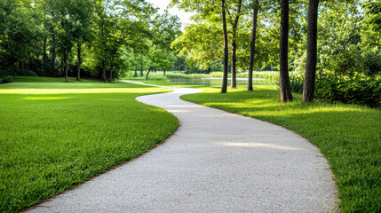 Fototapeta premium Winding path through lush greenery and trees near serene water body evokes tranquility