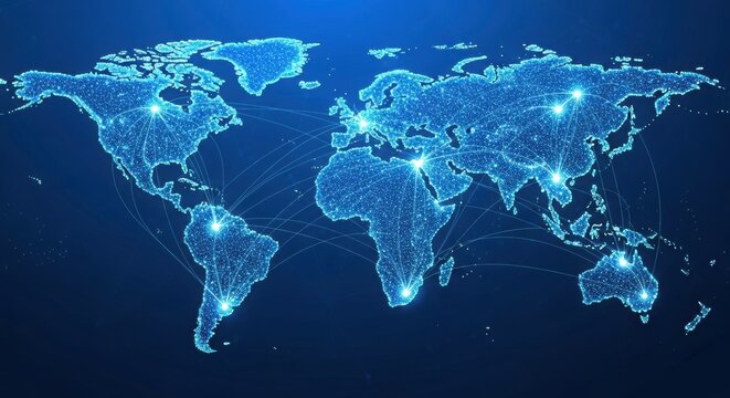 A stunning, high-resolution image of a world map composed of interconnected glowing dots. 