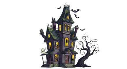 Eerie victorian haunted mansion with glowing windows and gnarled trees perfect for halloween decor and spooky ambiance transparent background