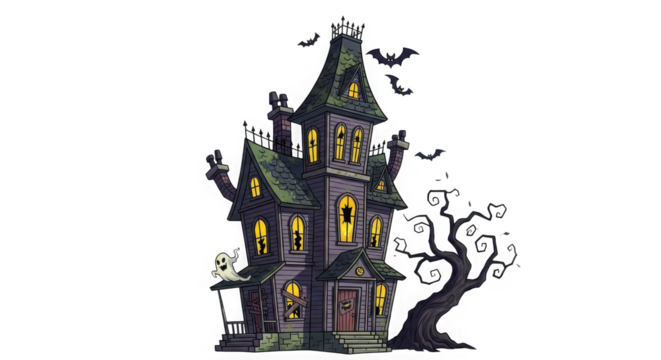 Eerie victorian haunted mansion with glowing windows and gnarled trees perfect for halloween decor and spooky ambiance transparent background