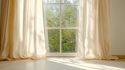 Soft curtains sway gently in sunlit room, revealing serene view of greenery outside