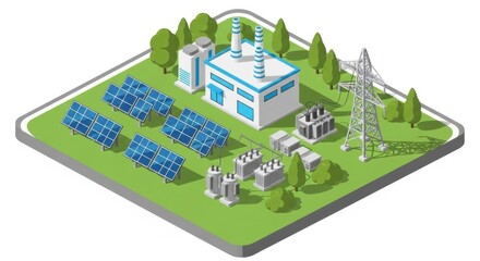 Isometric representation of a sustainable power generation facility illustration
