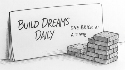 Inspirational Illustration of Building Dreams Daily with Motivational Message and Bricks on a Table