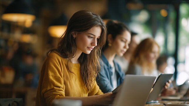 Group of mixed-age learners studying in a cozy modern cafe, laptops and tablets open with online course content, focused expressions, natural light, real 2025 everyday learning atmosphere.