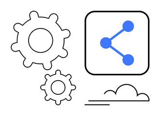 Gear icons, a sharing icon, and a minimalist cloud suggest technology, networking, and collaboration. Ideal for concepts thumbs up innovation, teamwork, connectivity, systems progress tech