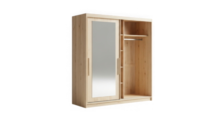 Modern sliding door wardrobe with mirror and open shelving elegant bedroom storage solution transparent background