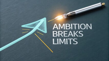 Inspirational quote "Ambition breaks limits" with arrow graphic design and elegant pen on a dark background.