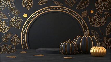 Elegant Black and Gold Pumpkins on Autumnal Display with Product Presentation Stand