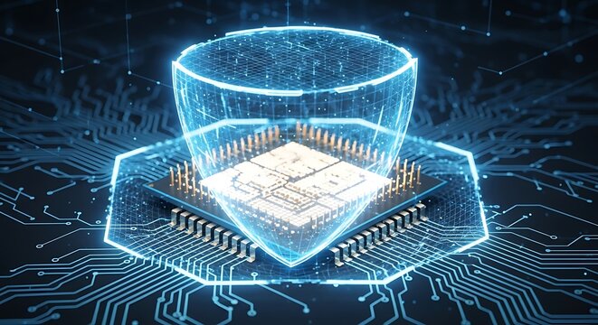 Digital Shield Encapsulating Microchip on Circuit Board.