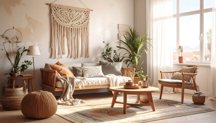 A sun-drenched living room, featuring a light-filled space with a natural color palette and bohemian style accents.