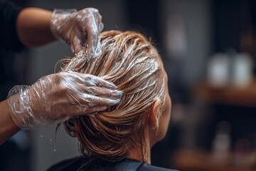 Professional hairdresser applying nourishing hair mask treatment in beauty salon, close-up of hands and client’s hair, haircare and wellness concept