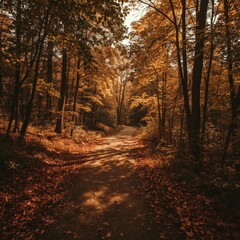 Obraz premium Autumn forest trail with warm sunlight 2