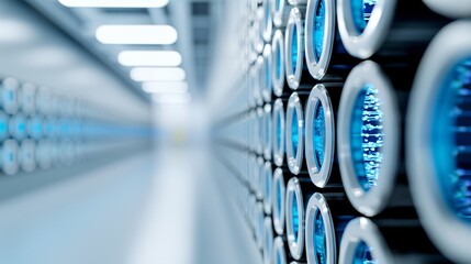 Wide cinematic shot of hydrogen electrolyzer stacks inside renewable energy research laboratory.