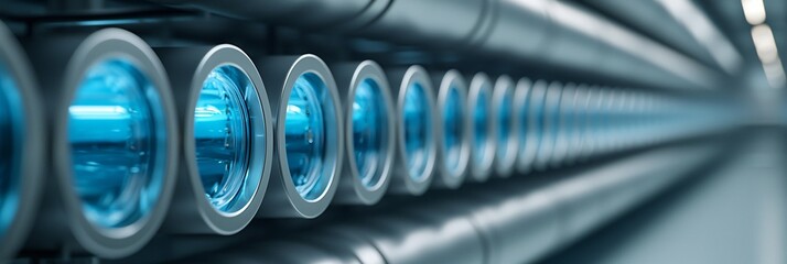 Wide cinematic shot of hydrogen electrolyzer stacks inside renewable energy research laboratory.