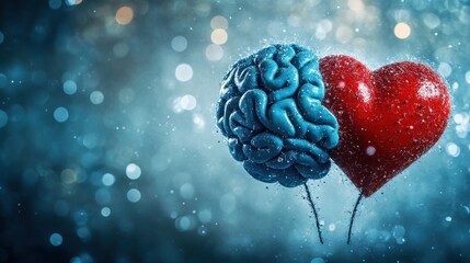 A heart and brain disconnected by a shattered line, symbolizing the emotional and mental disconnect in depression, minimalist style, blurred background 