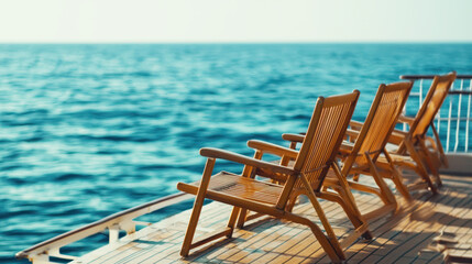 Fototapeta premium Empty deck chairs on a cruise ship with a tranquil ocean background and light breeze.