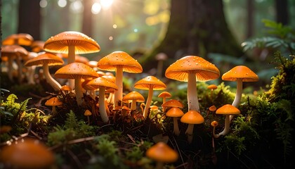 Forest mushrooms bathed in sunlight