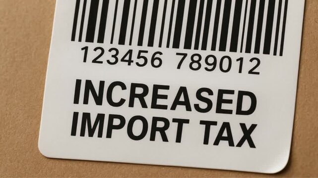 import duty policy impact concept. Label showing increased import tax with a barcode.
