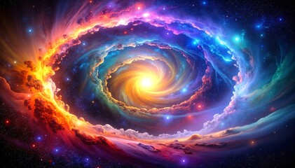 A stunning spiral galaxy showcases vibrant, colorful stars and swirling nebulas, creating a mesmerizing cosmic scene filled with depth and beauty.