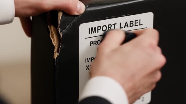 import duty policy impact concept. Box with an import label indicating Japanese origin and distributor details.